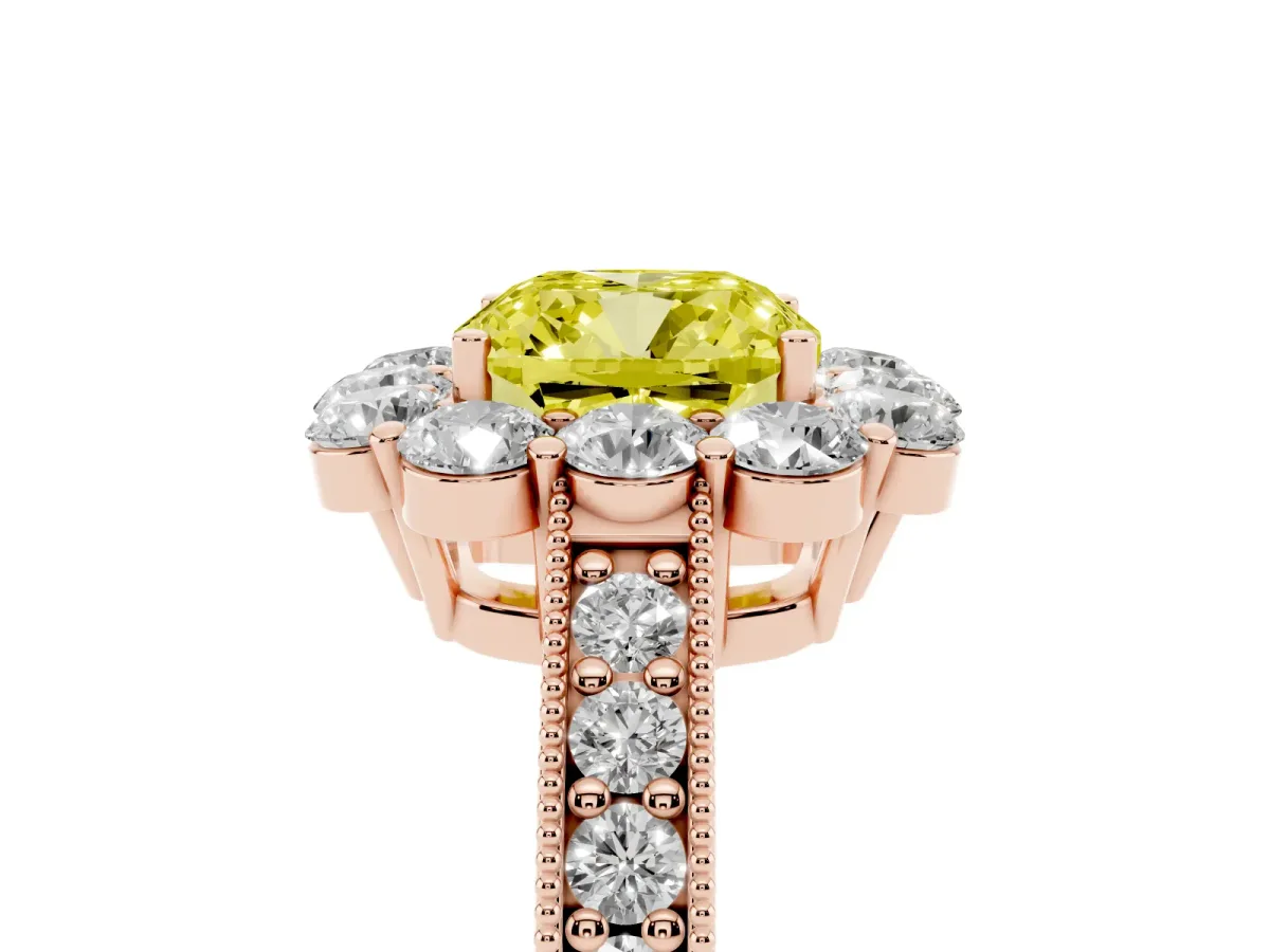Fancy Yellow Cushion Cut Cut Halo Diamond Pavé Engagement Ring with Milgrain Detailing Rose gold