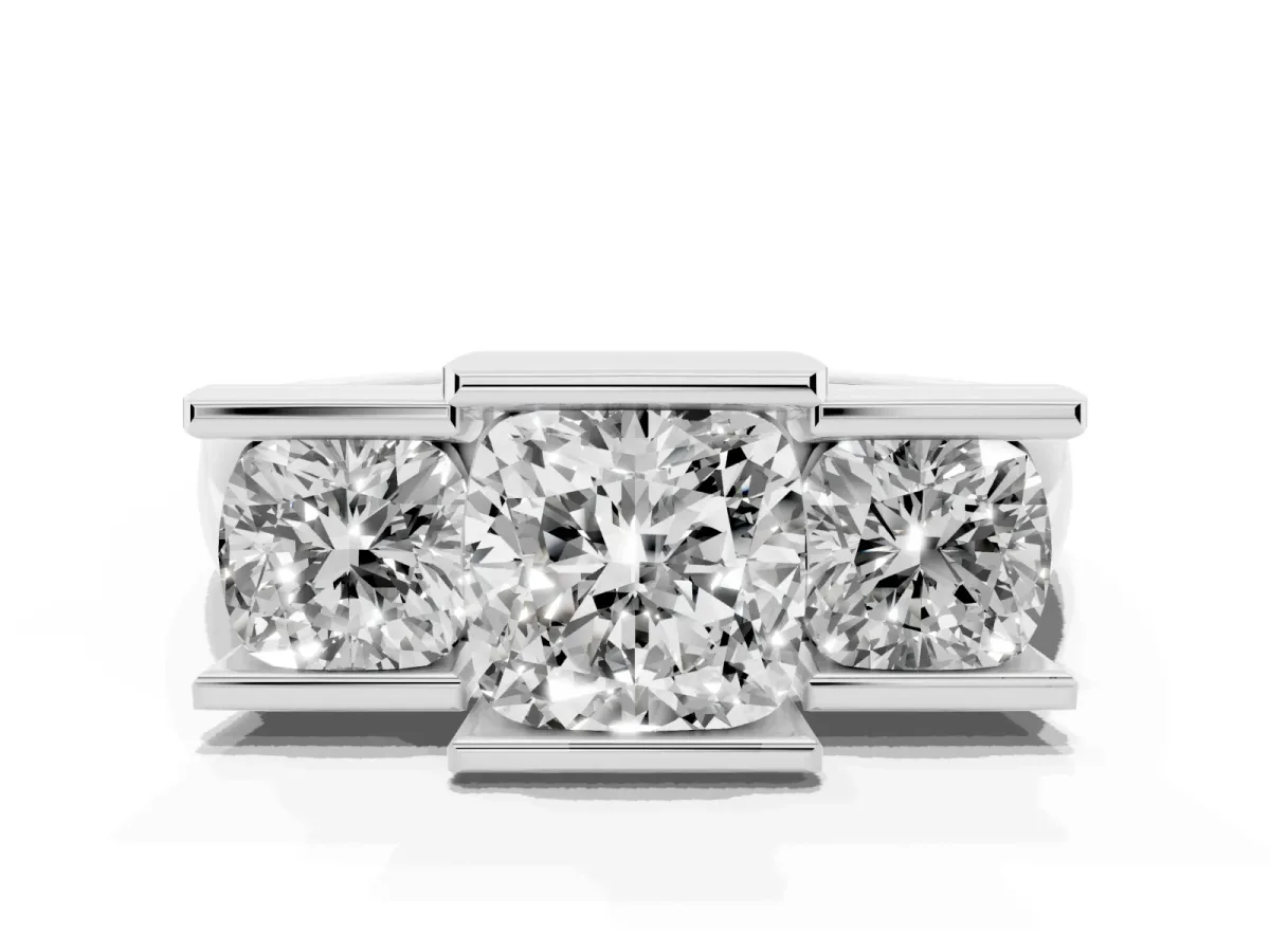 Three Stone Cushion Cut Cut Channel Set Diamond Ring Silver