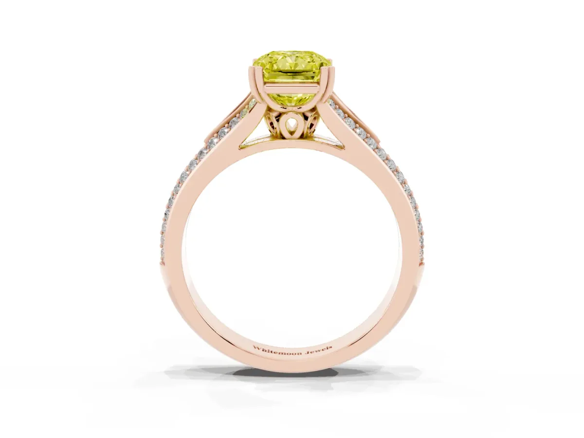 Fancy Yellow Radiant Cut Diamond Split Shank Engagement Ring with Pavé Band Rose gold