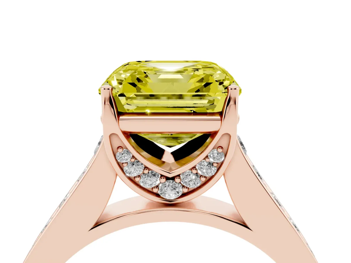 Fancy Yellow Asscher Cut Brilliant Cut Diamond Engagement Ring with Pavé Band and Four-Prong Setting Rose gold