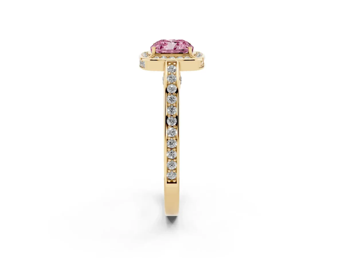 Fancy Pink Cushion Cut Cut Halo Pave Split Shank Prong Setting Ring Yellow gold