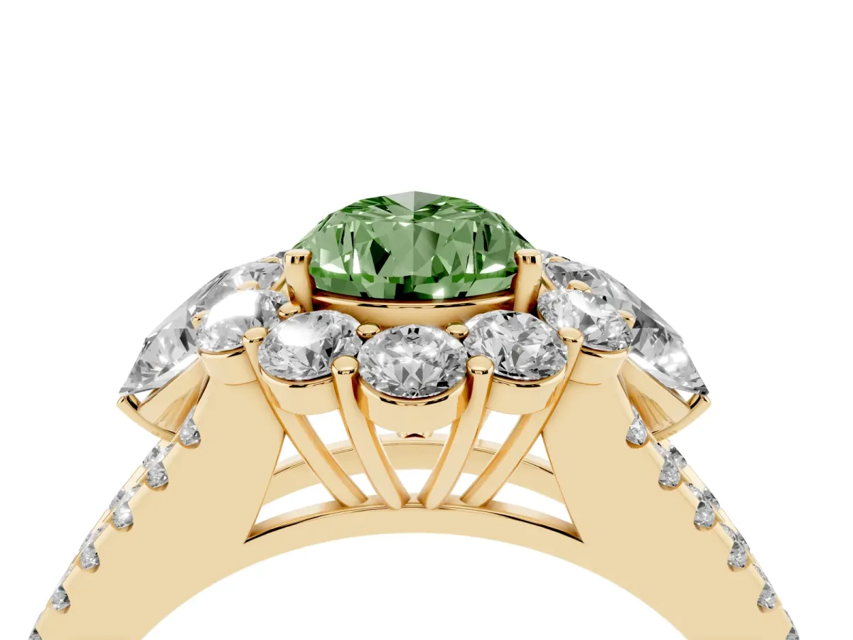Fancy Green Pear Cut Halo Split Shank Diamond Engagement Ring with Prong Setting Yellow gold