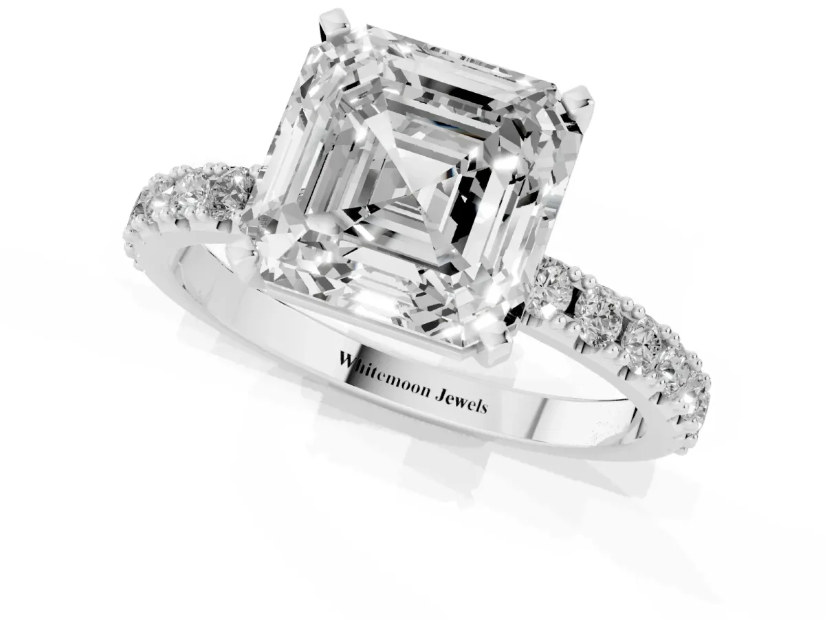 Asscher Cut Diamond Solitaire Pavé Band with Four-Prong Setting Silver