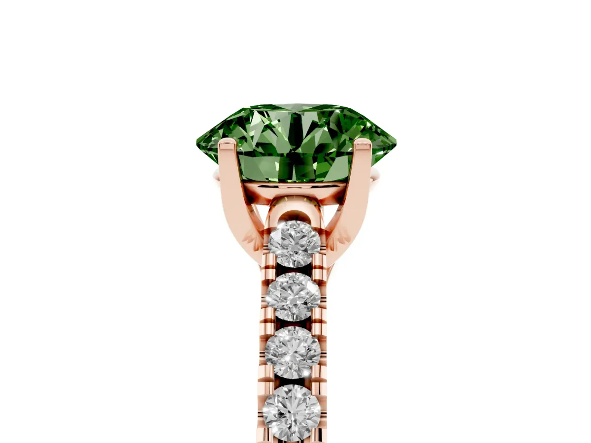 Fancy Green Round Cut Diamond Pavé Band Solitaire Ring with Prong Setting Rose gold