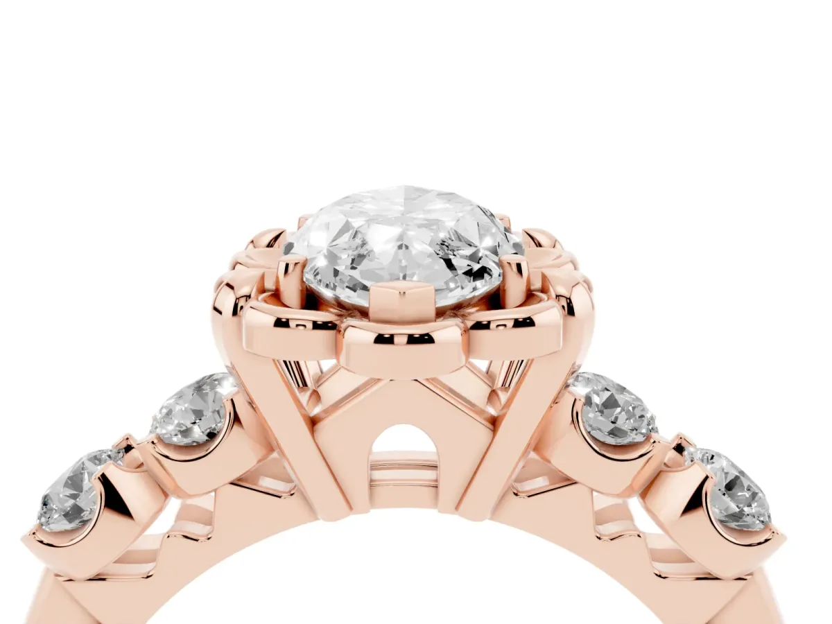 Marquise Cut Cut Diamond Floral Halo Engagement Ring with Shared Prong Setting Rose gold