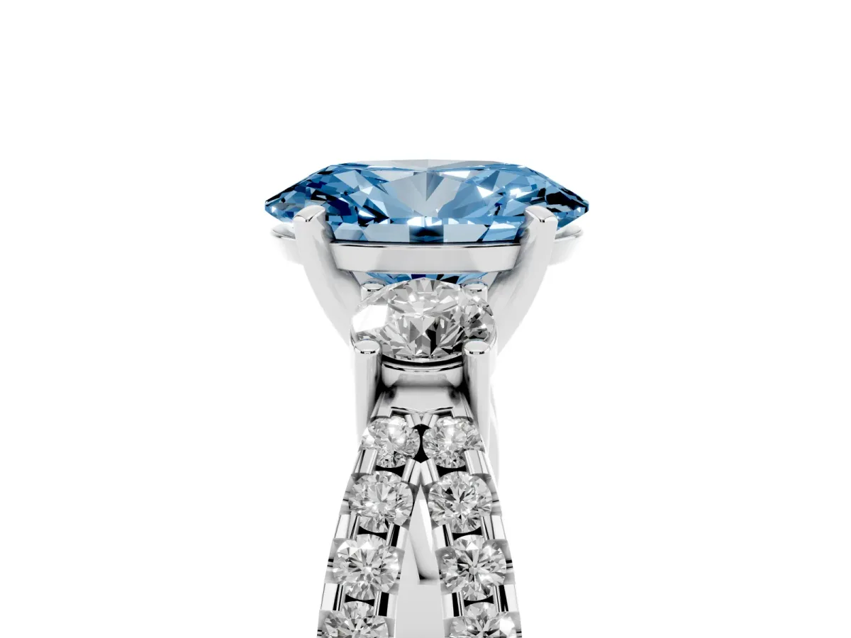 Fancy Blue Oval Cut Diamond Three-Stone Ring with Pavé Split Shank and Four-Prong Setting Silver