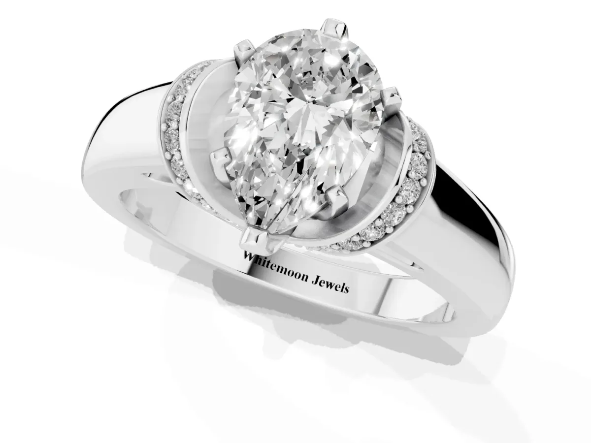 Pear Cut Solitaire Diamond Ring with Pave Band and Six-Prong Setting Silver