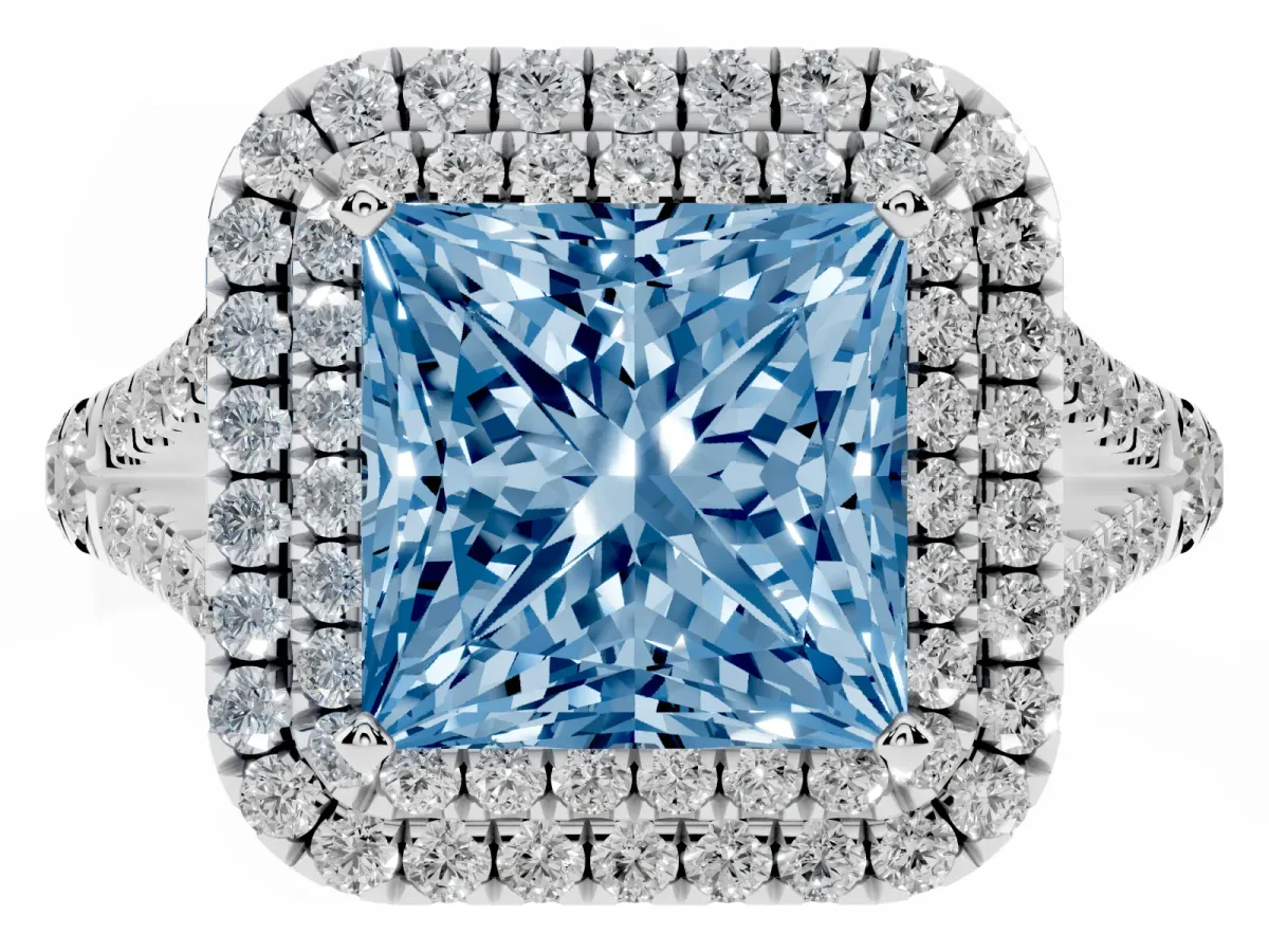 Fancy Blue Princess Cut Diamond Pavé Split Shank Double Halo Engagement Ring Platinum