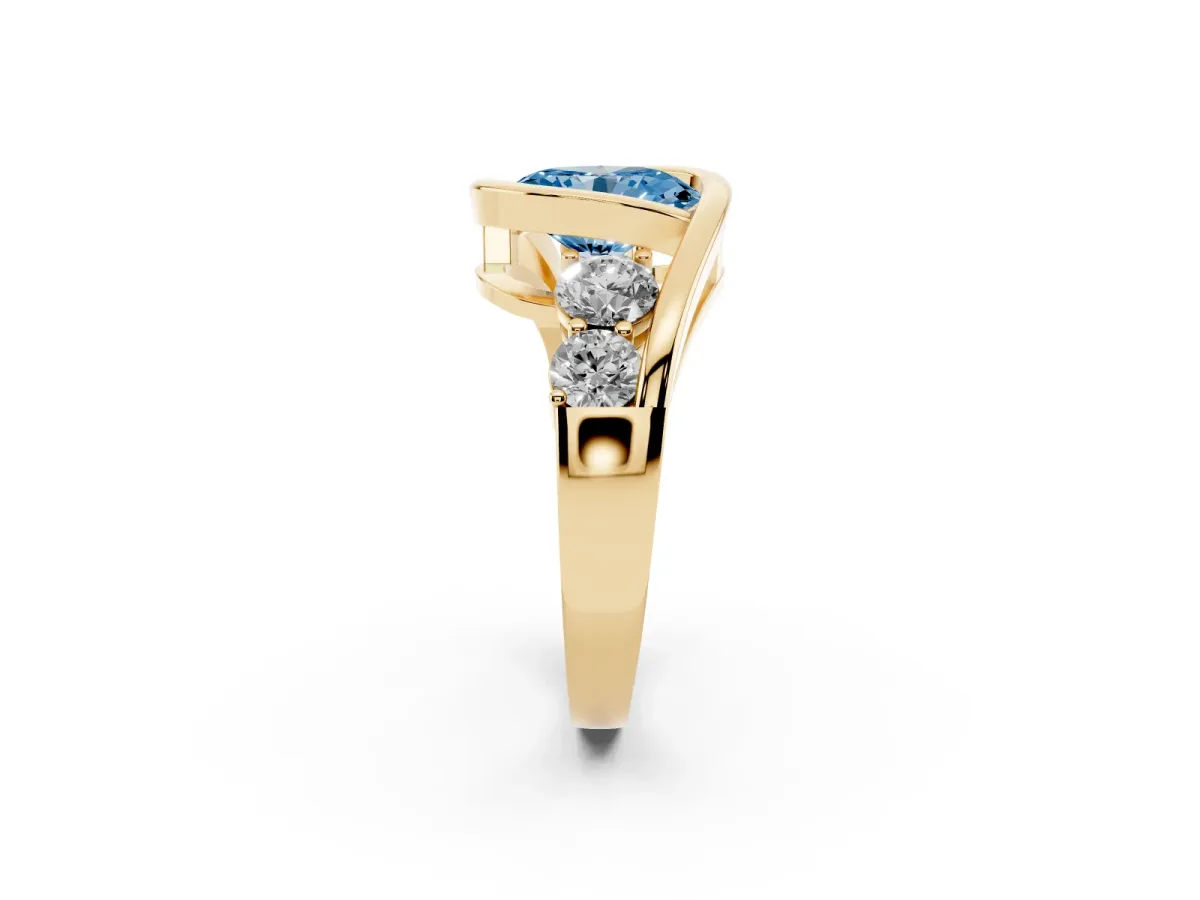 Fancy Blue Bezel Set Oval Cut Diamond Bypass Ring with Round Accents Yellow gold
