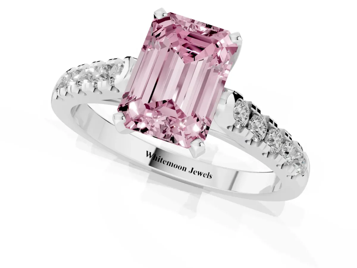 Fancy Pink Emerald Cut Diamond Pavé Band Solitaire Ring with Prong Setting Platinum