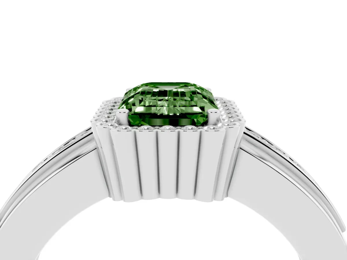 Fancy Green Emerald Cut Cut Halo Pave Band Four-Prong Ring Silver