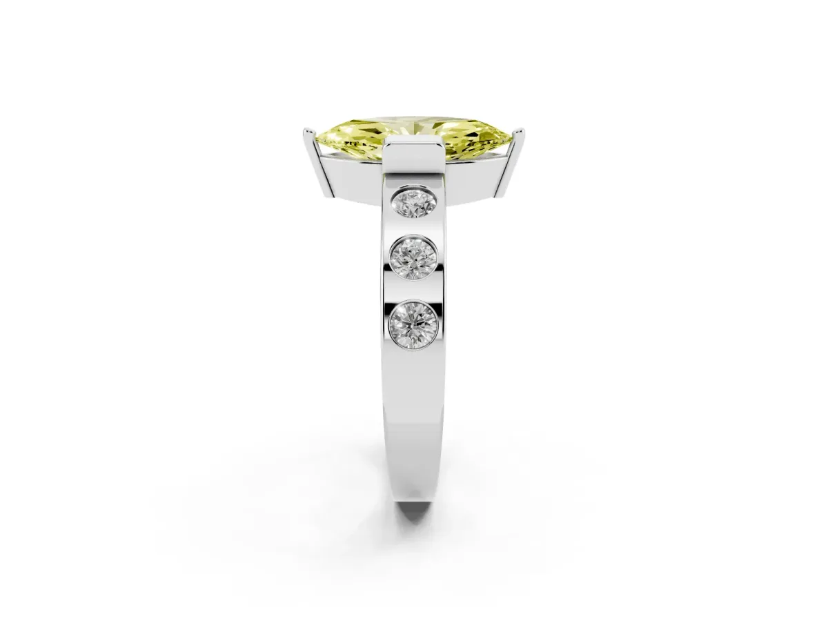 Fancy Yellow Marquise Cut Brilliant Channel-Set Diamond Ring with Bezel Prong Setting Silver