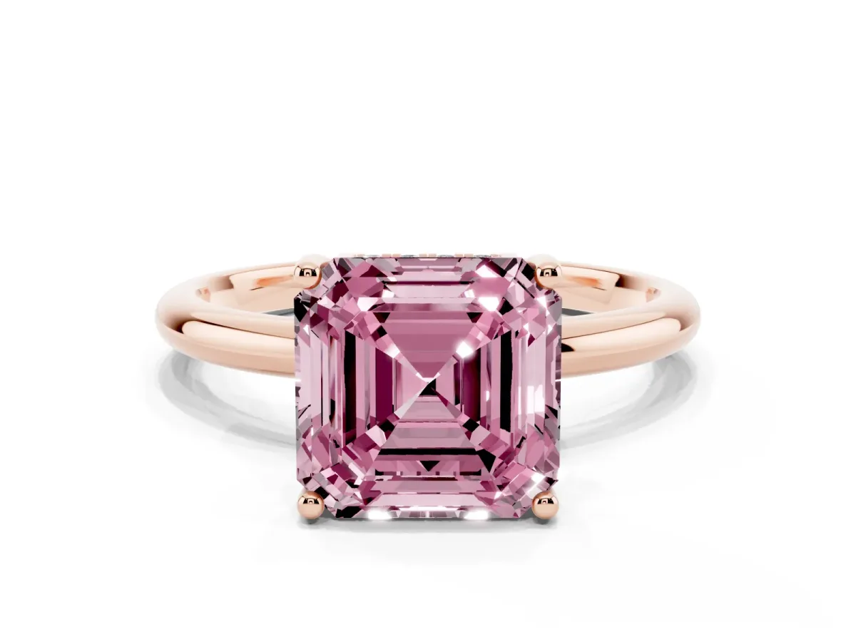 Fancy Pink Asscher Cut Cut Solitaire Engagement Ring with Four-Prong Setting and Classic Band Rose gold
