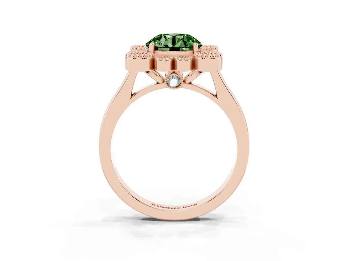 Fancy Green Round Cut Halo Diamond Cluster Engagement Ring with Milgrain Bezel Setting and Solitaire Band Rose gold
