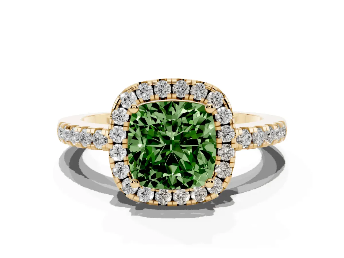 Fancy Green Cushion Cut Halo Diamond Engagement Ring with Pavé Band and Four-Prong Setting Yellow gold