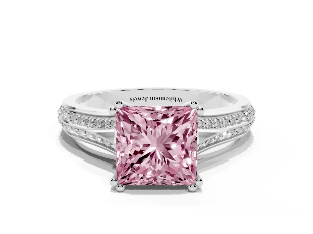 Fancy Pink Princess Cut Diamond Split Shank Engagement Ring with Pavé Band Platinum