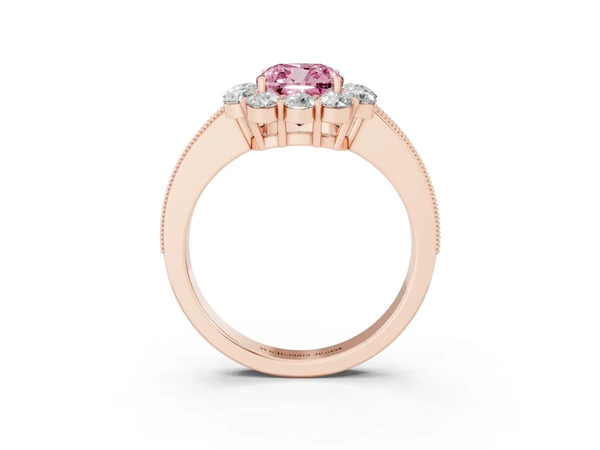 Fancy Pink Cushion Cut Cut Halo Diamond Pavé Engagement Ring with Milgrain Detailing Rose gold