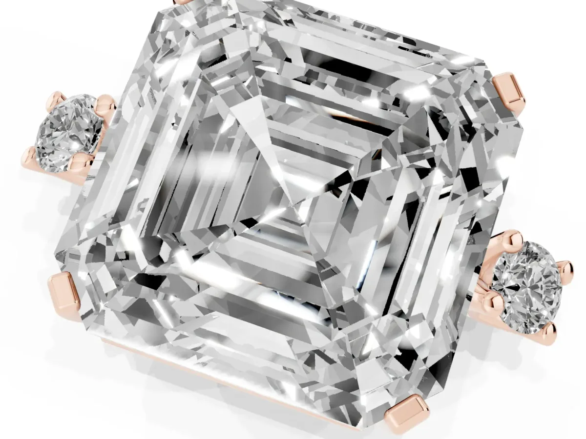 Asscher Cut Cut Three-Stone Solitaire Ring with Round Accent Diamonds and Four-Prong Setting Rose gold