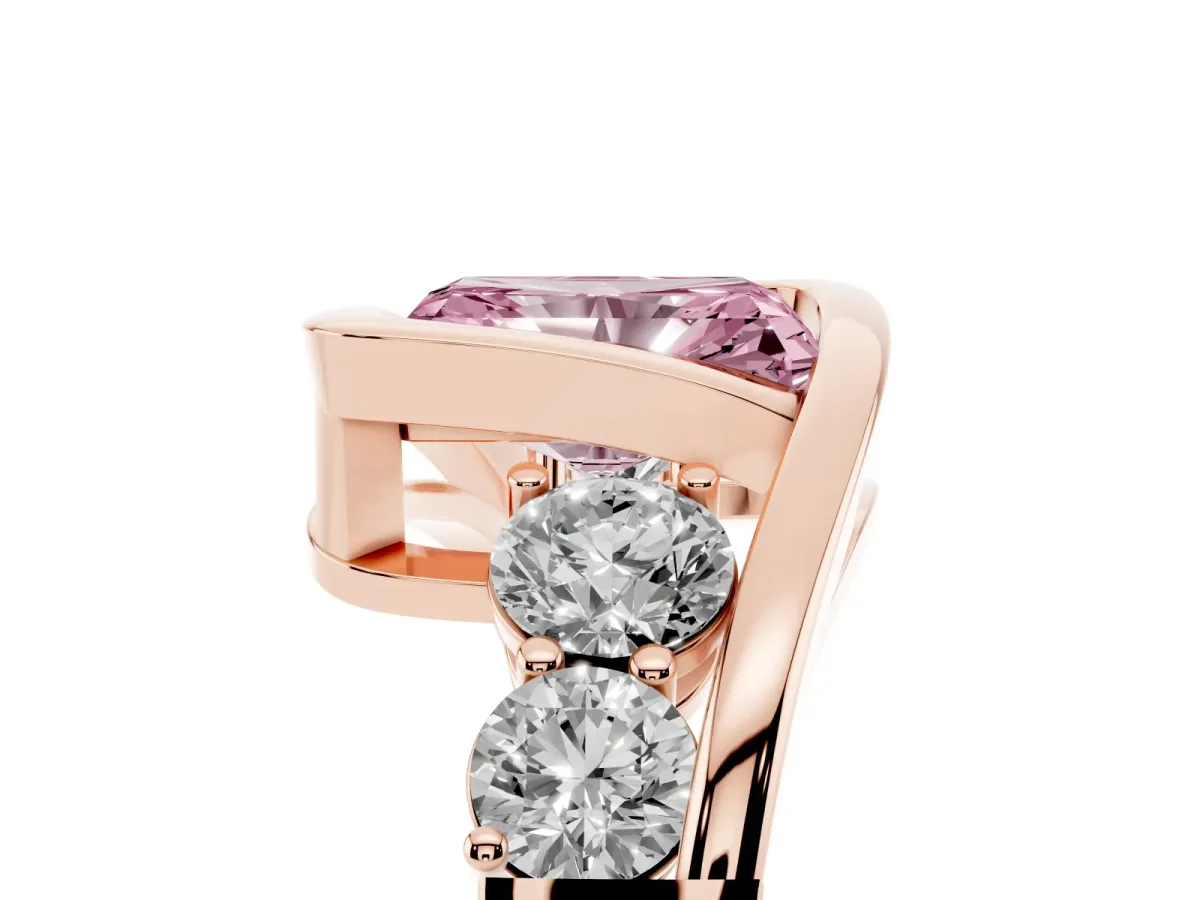 Fancy Pink Bezel Set Radiant Cut Diamond Bypass Ring with Round Accents Rose gold