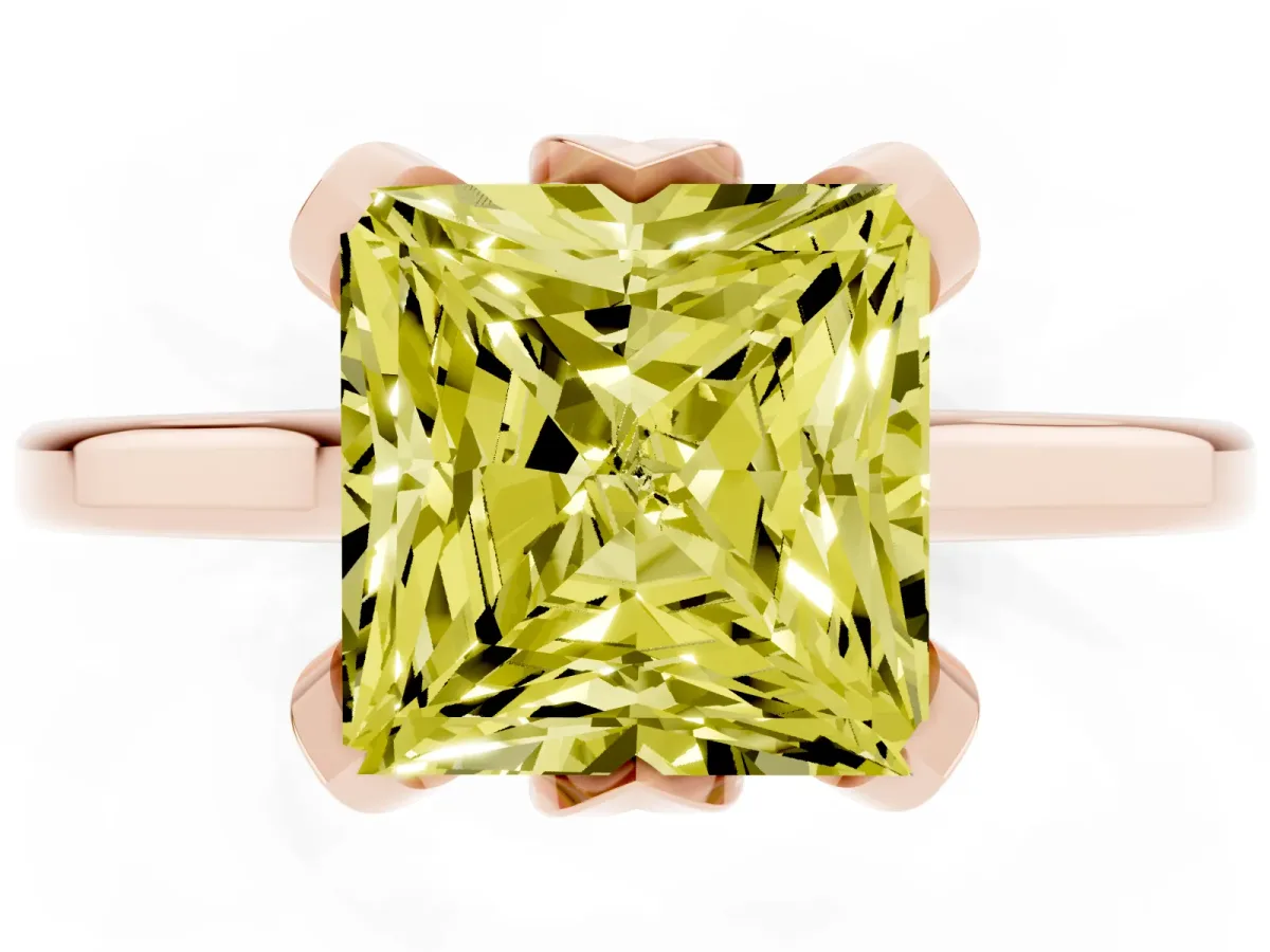 Fancy Yellow Princess Cut Diamond Solitaire Ring with Flower Prong Setting and Classic Band Rose gold