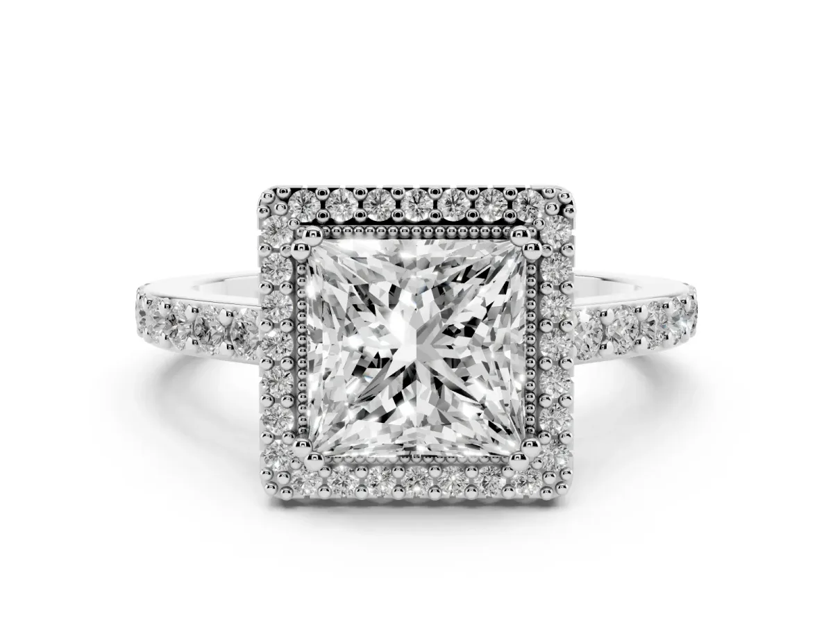 Princess Cut Cut Diamond Halo Engagement Ring with Milgrain Detail and Pavé Band Platinum