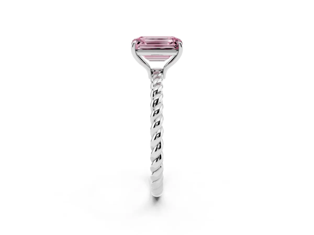 Fancy Pink Emerald Cut Solitaire Twisted Band 4-Prong Ring Silver