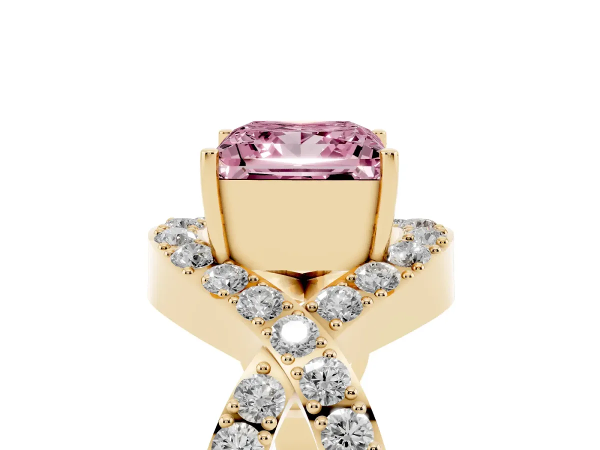 Fancy Pink Princess Cut Solitaire Twist Band Pavé Diamond Engagement Ring Yellow gold