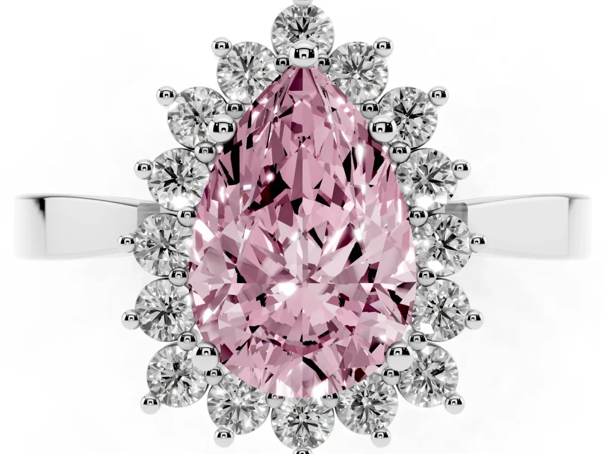 Fancy Pink Pear Cut Cut Diamond Halo Ring with Round Brilliant Halo and Solitaire Band White gold