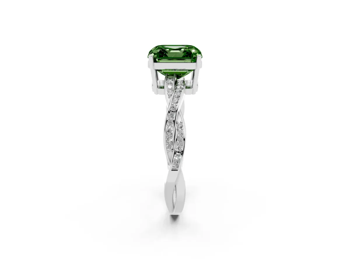 Fancy Green Asscher Cut Solitaire Twisted Pave Diamond Ring with Four-Prong Setting Silver