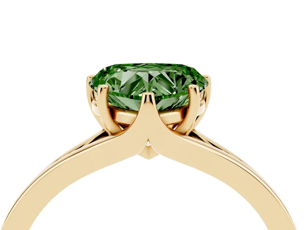 Fancy Green Heart Cut Solitaire Diamond Ring with Six-Prong Setting and Tapered Band Yellow gold