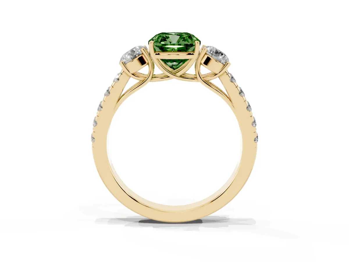 Fancy Green Cushion Cut Cut Diamond Three-Stone Ring with Round Side Stones and Pavé Band Yellow gold