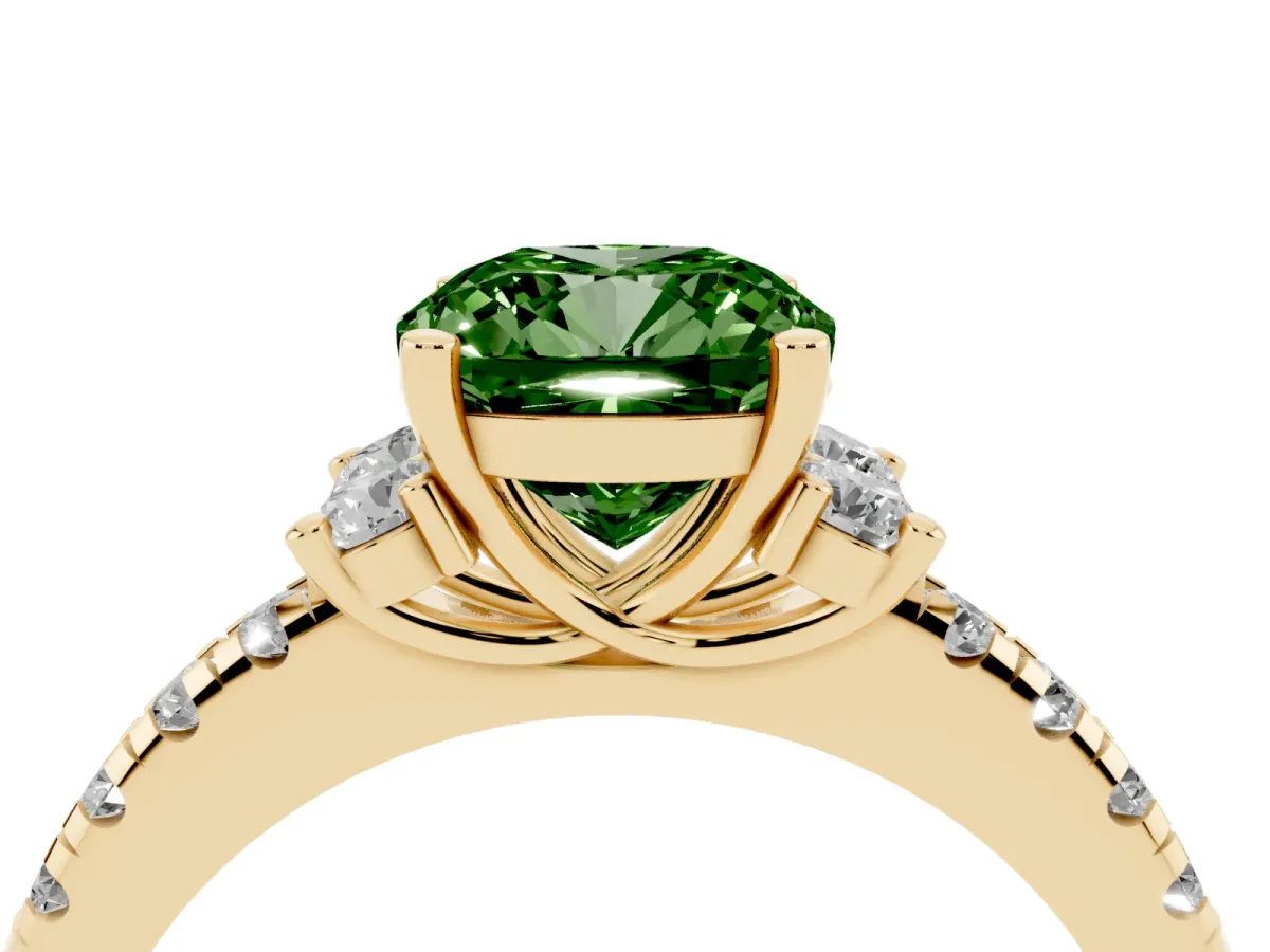 Fancy Green Cushion Cut Diamond Three-Stone Pave Band with Four-Prong Setting Yellow gold
