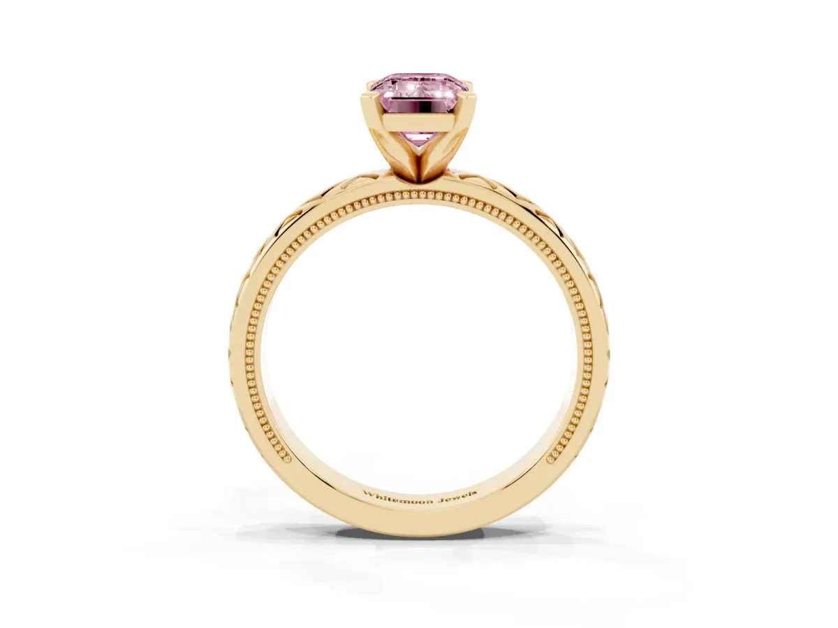 Fancy Pink Emerald Cut Solitaire Diamond Ring with Milgrain and Black Enamel X Pattern Band Yellow gold