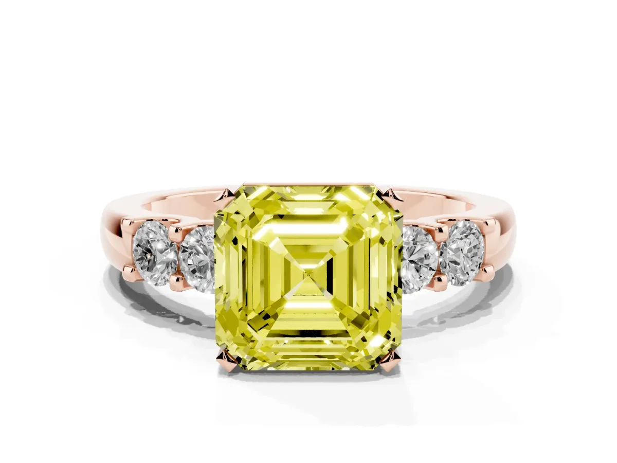 Fancy Yellow Asscher Cut Brilliant Cut Diamond Five-Stone Prong Set Engagement Ring with Channel Band Rose gold
