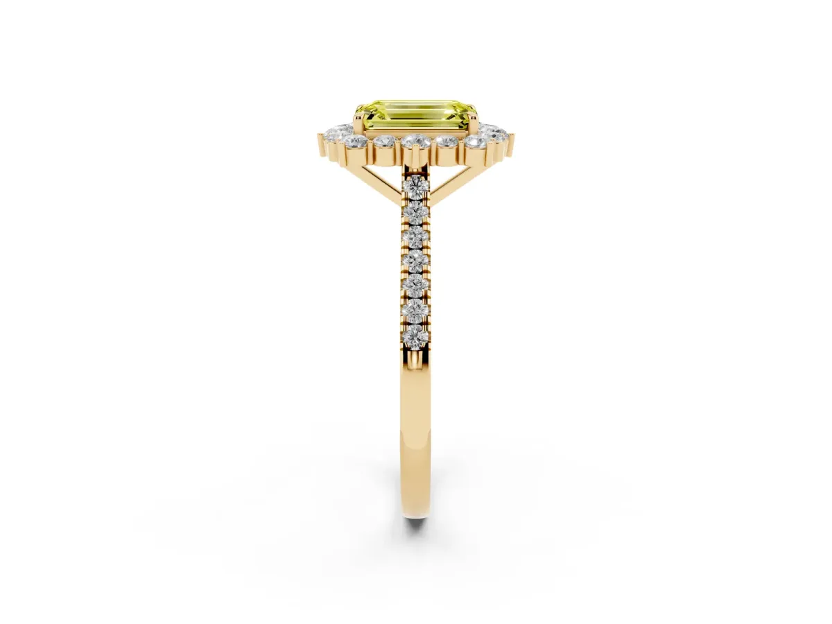 Fancy Yellow Emerald Cut Halo Diamond Ring with Pavé Band and Prong Setting Yellow gold