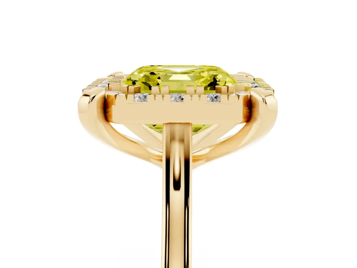 Fancy Yellow Asscher Cut Diamond Cluster Halo Solitaire with Four-Prong Setting Yellow gold