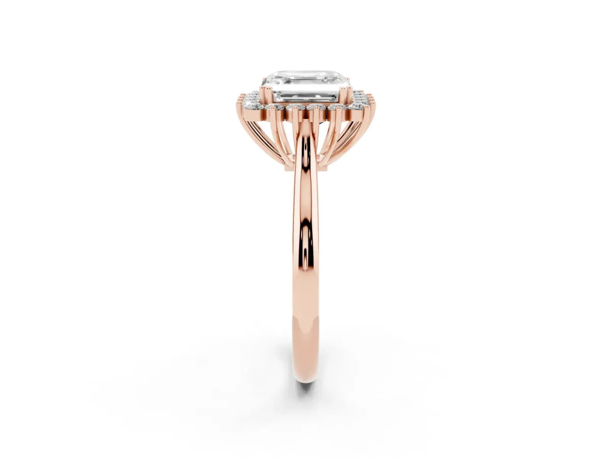 Asscher Cut Cut Diamond Halo Ring with Solitaire Band and Prong Setting Rose gold