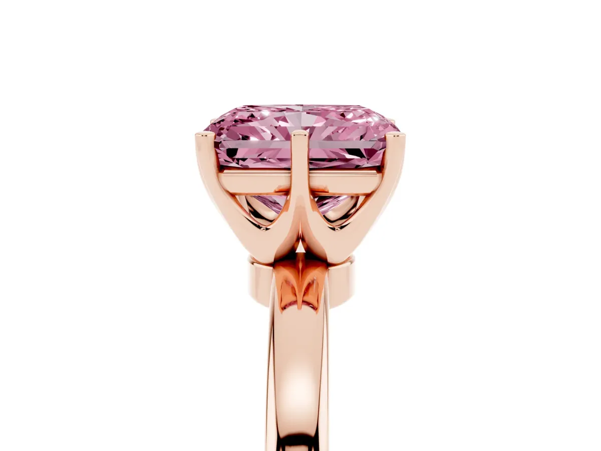 Fancy Pink Radiant Cut Solitaire Diamond Ring with Six-Prong Setting on a Classic Band Rose gold