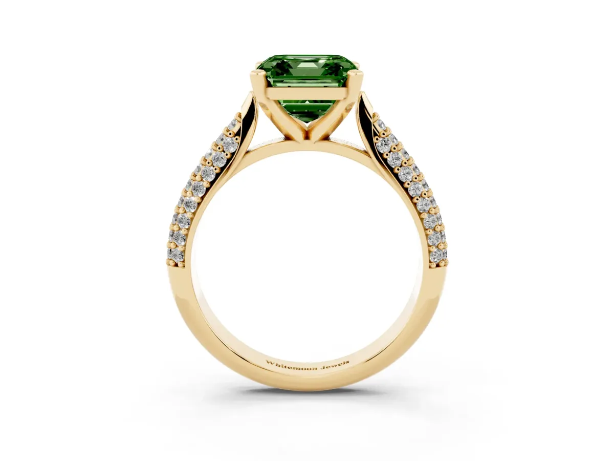 Fancy Green Asscher Cut Diamond Solitaire Engagement Ring with Multi-Row Round Pavé Band and Prong Setting Yellow gold