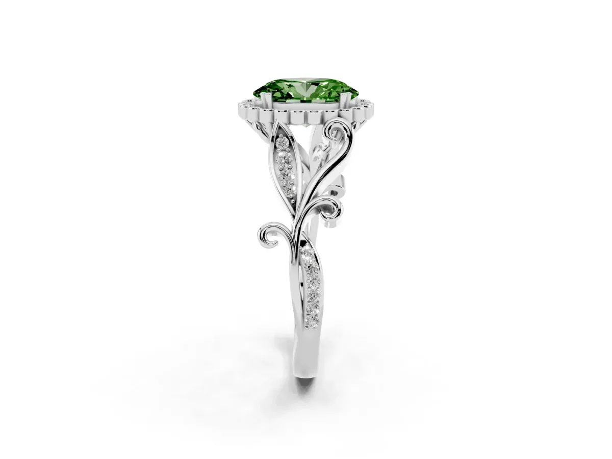 Fancy Green Oval Cut Diamond Halo Ring with Vintage Split Shank and Four-Prong Setting Silver