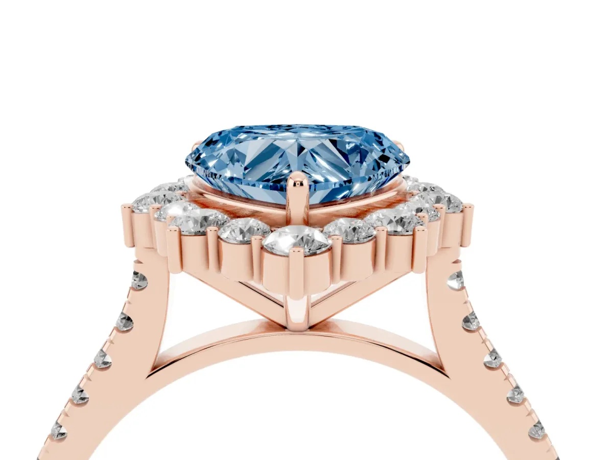 Fancy Blue Heart Cut Halo Diamond Ring with Pavé Band and Prong Setting Rose gold