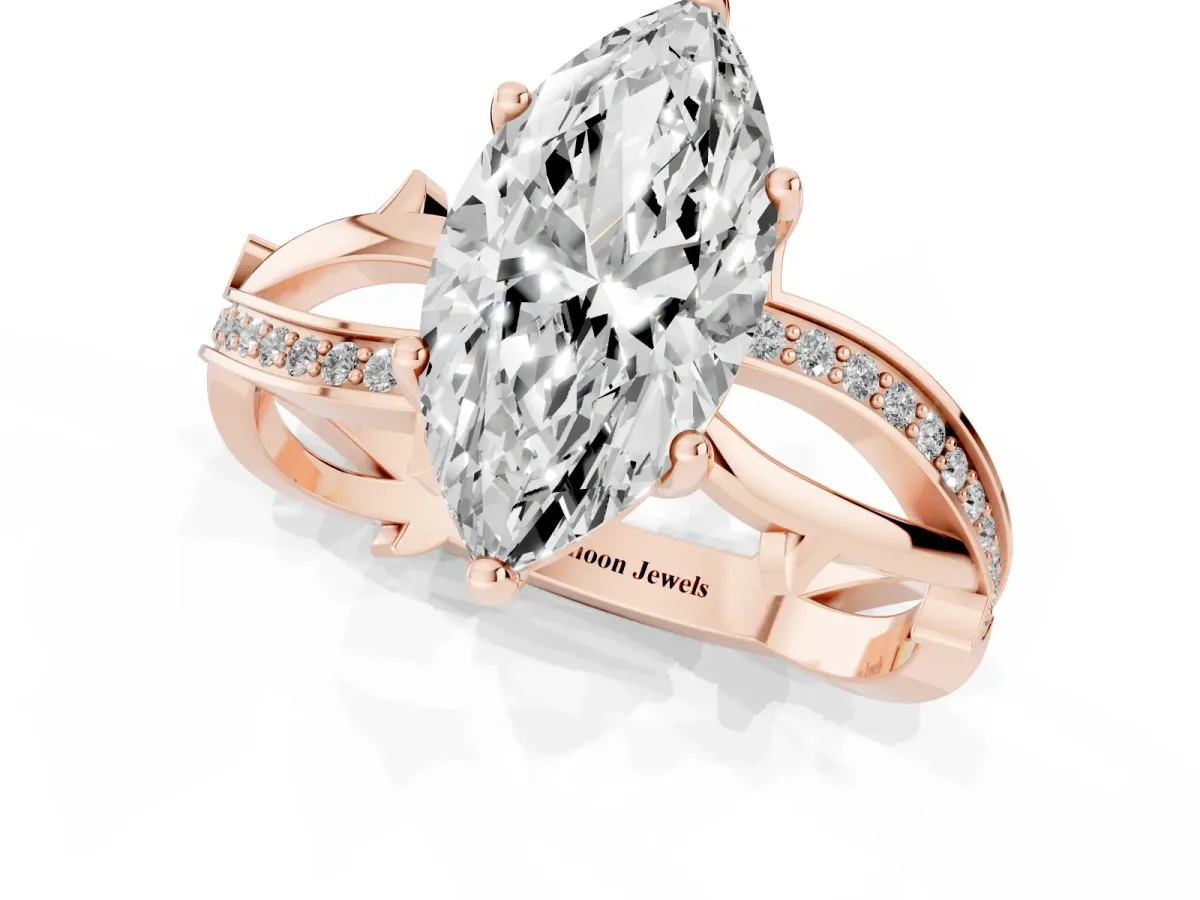 Marquise Cut Solitaire Twist Band with Pavé Accents and Four-Prong Setting Rose gold