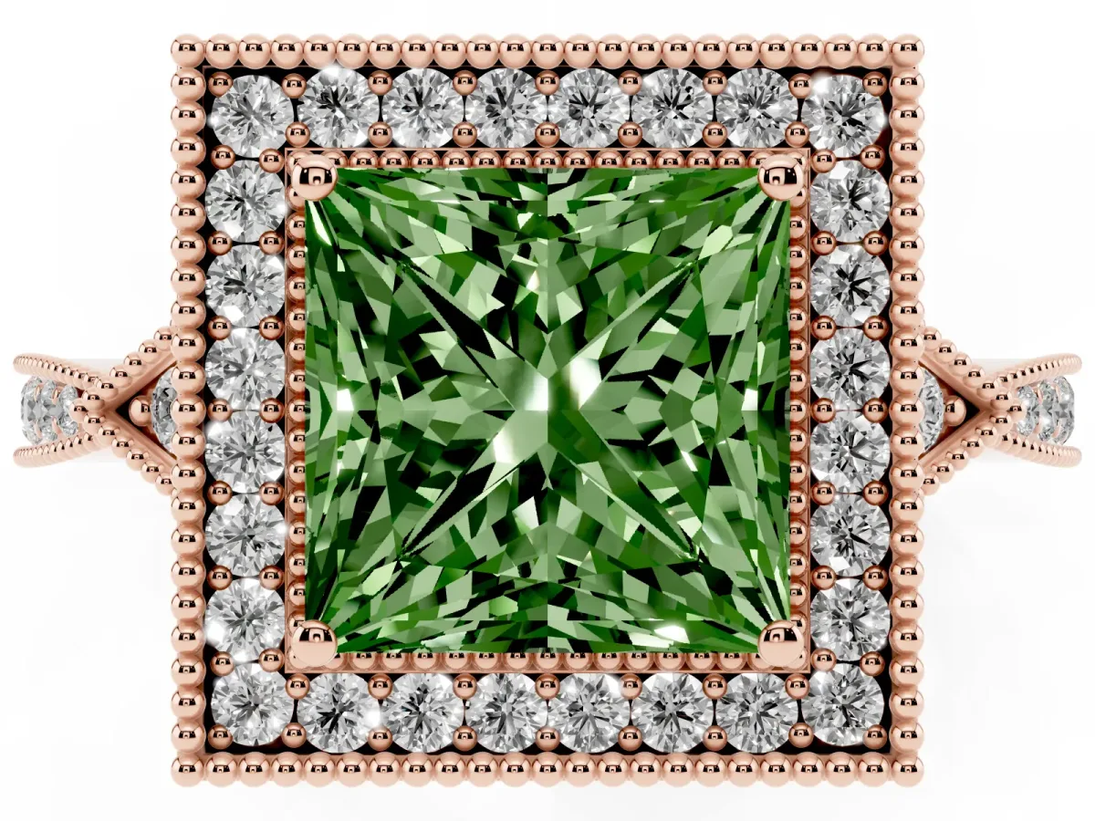 Fancy Green Princess Cut Halo Round Diamond Milgrain Pave Engagement Ring Rose gold