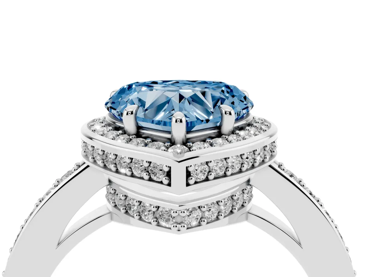 Fancy Blue Heart Cut Halo Pave Band Solitaire Ring with Prong Setting Silver