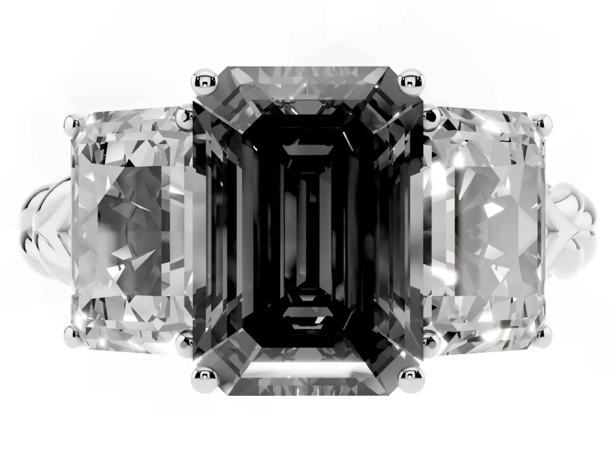 Fancy Black Three-Stone Radiant Cut Diamond Braided Band Ring with Four-Prong Setting Platinum