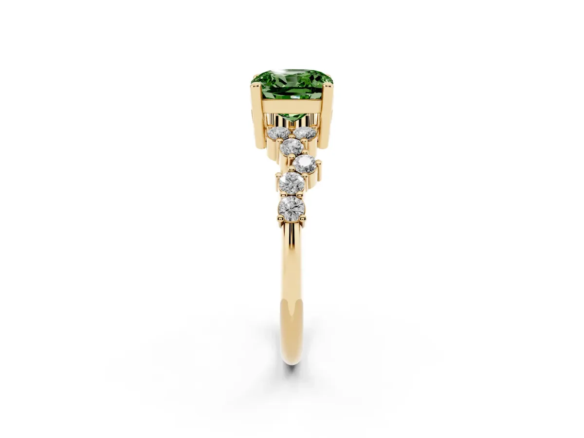 Fancy Green Cushion Cut Diamond Scattered Round Accent Ring with Prong Setting Yellow gold