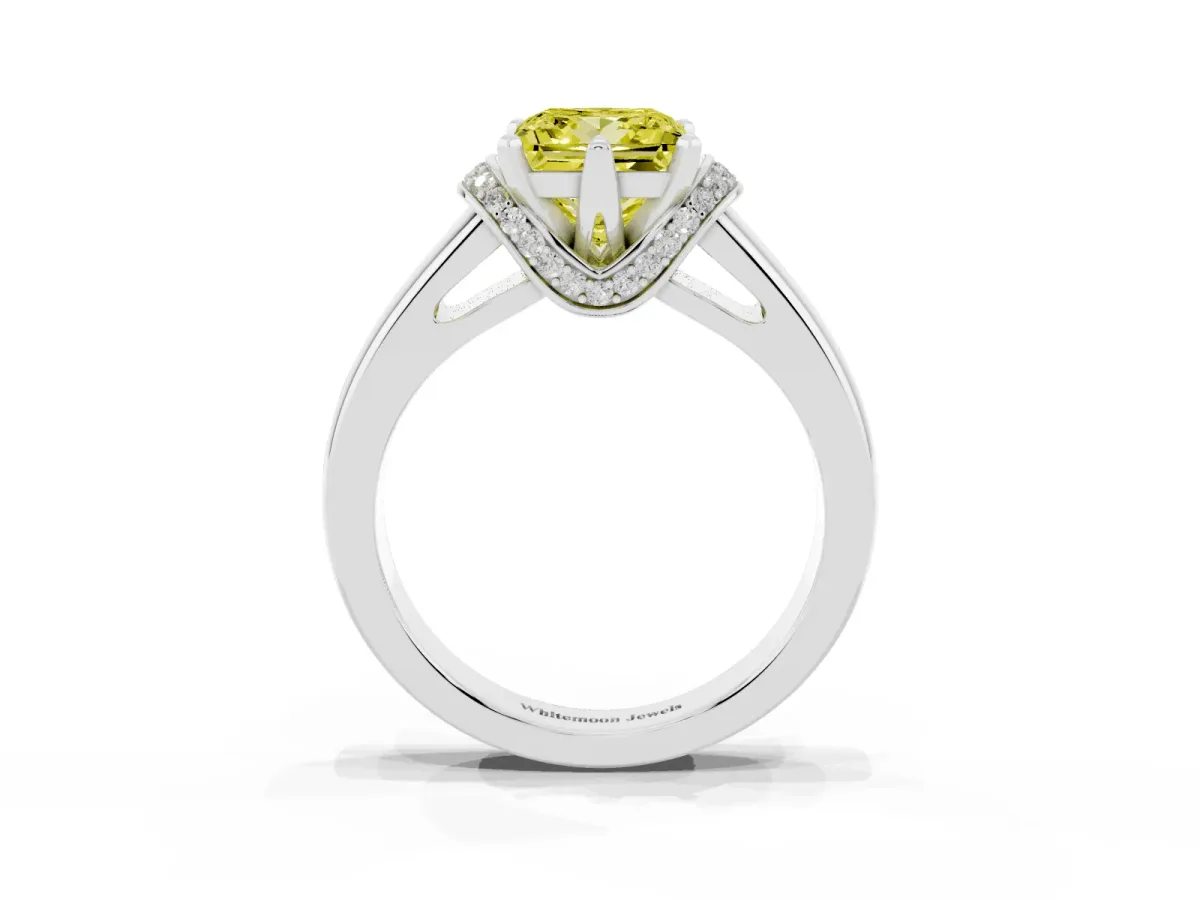 Fancy Yellow Princess Cut Solitaire Diamond Ring with Pave Band and Six-Prong Setting Platinum