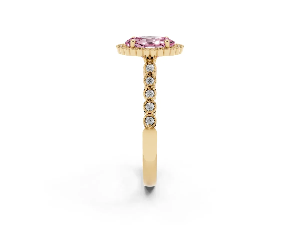 Fancy Pink Oval Cut Cut Halo Pavé Solitaire Ring with Milgrain Band Yellow gold