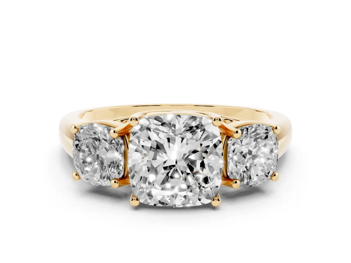 Three-Stone Cushion Cut Diamond Engagement Ring with Prong Setting Yellow gold