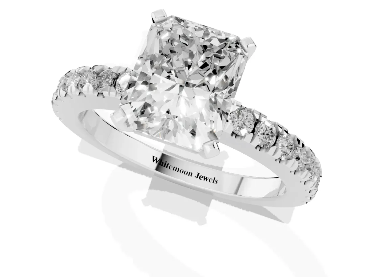 Radiant Cut Solitaire Diamond with Pavé Band and Four-Prong Setting Silver